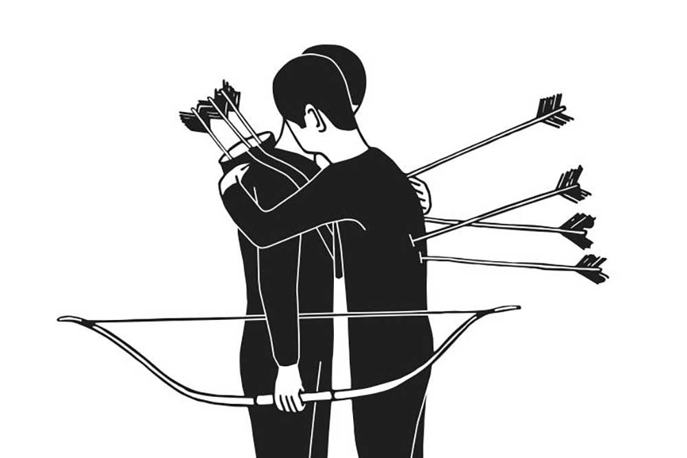 drawing of two people hugging with bow and arrows