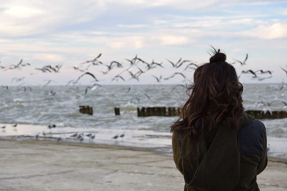woman standing on beach watching birds