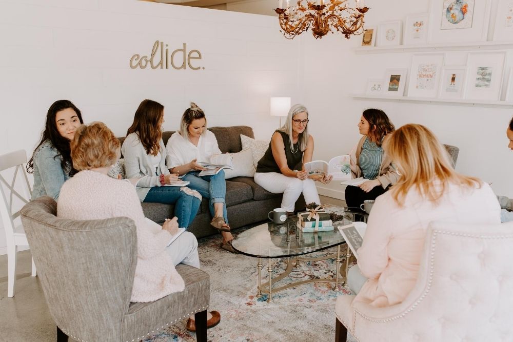 group of women sitting together at collide bible study