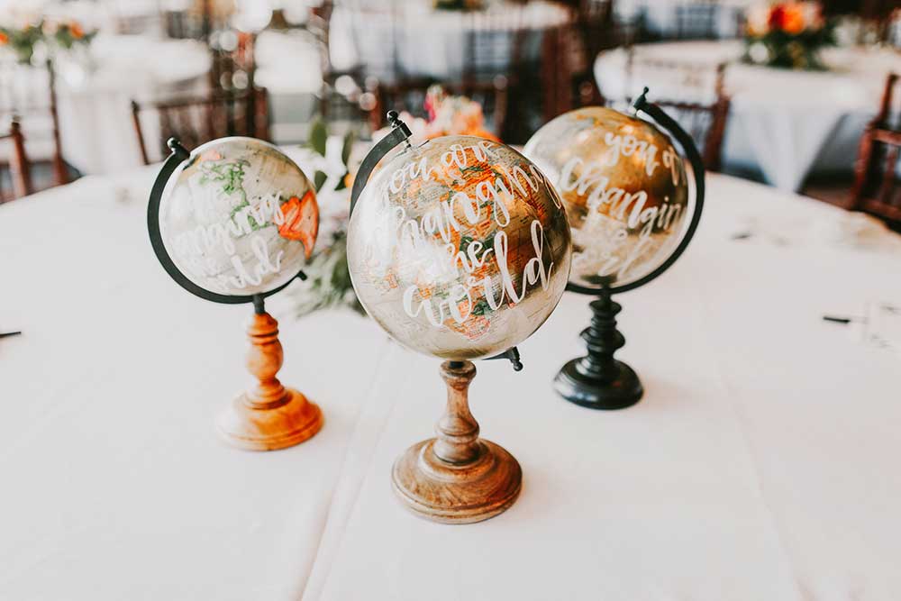 Collide blog three globes on a table to be a visual for standing in each others stories together