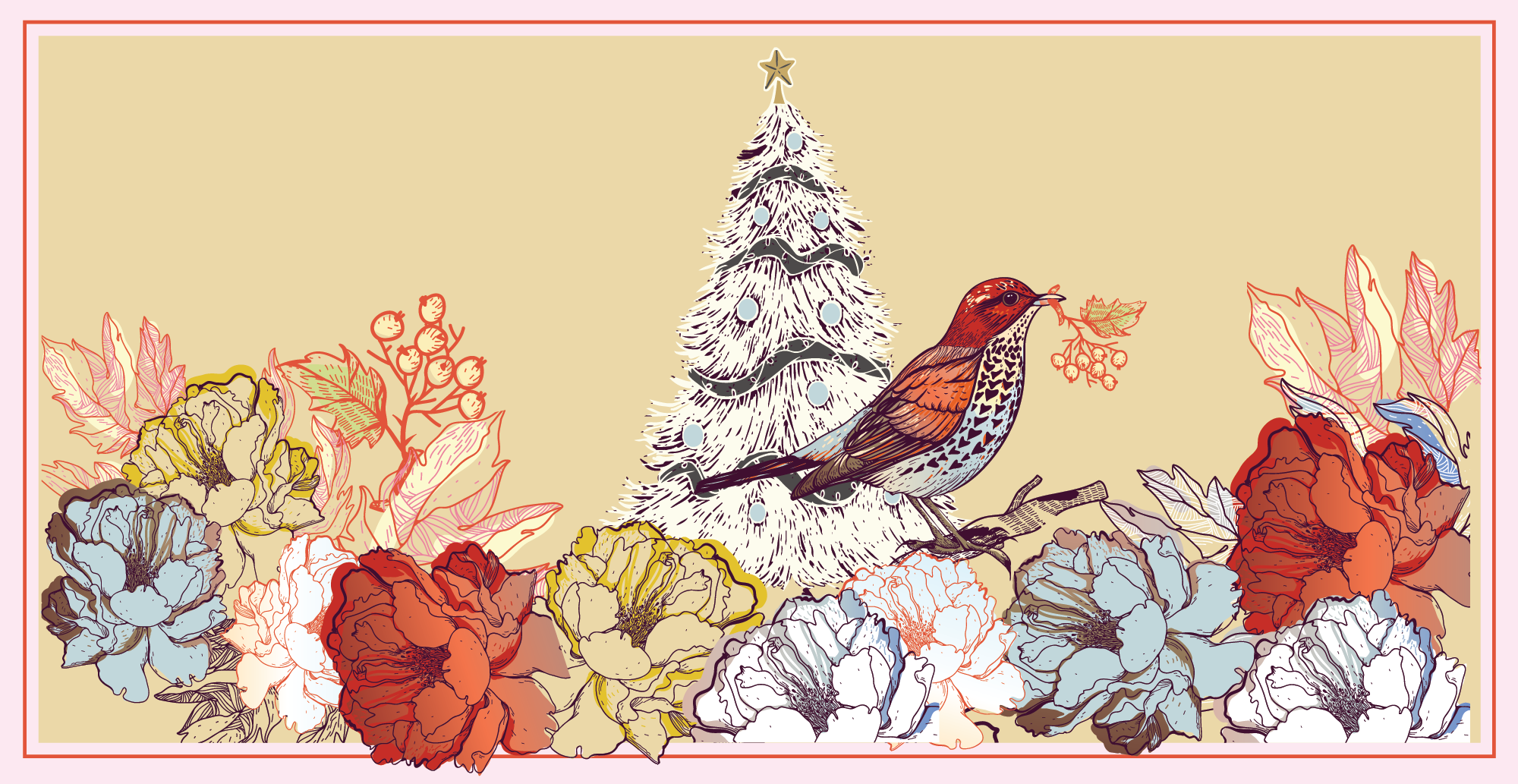 beautiful christmas tree with bird and flowers